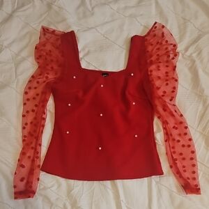 SHEIN Red Square Neck Top with Polka Dot Mesh Sleeves and Pearls